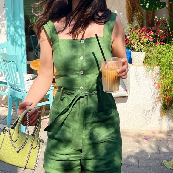 Green Linen Romper - XS - Picture 1 of 7